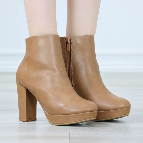 Womens Platform High Heeled Bootie Zip Up Tan Ankle Boots Block Heel - Picture 12 of 12